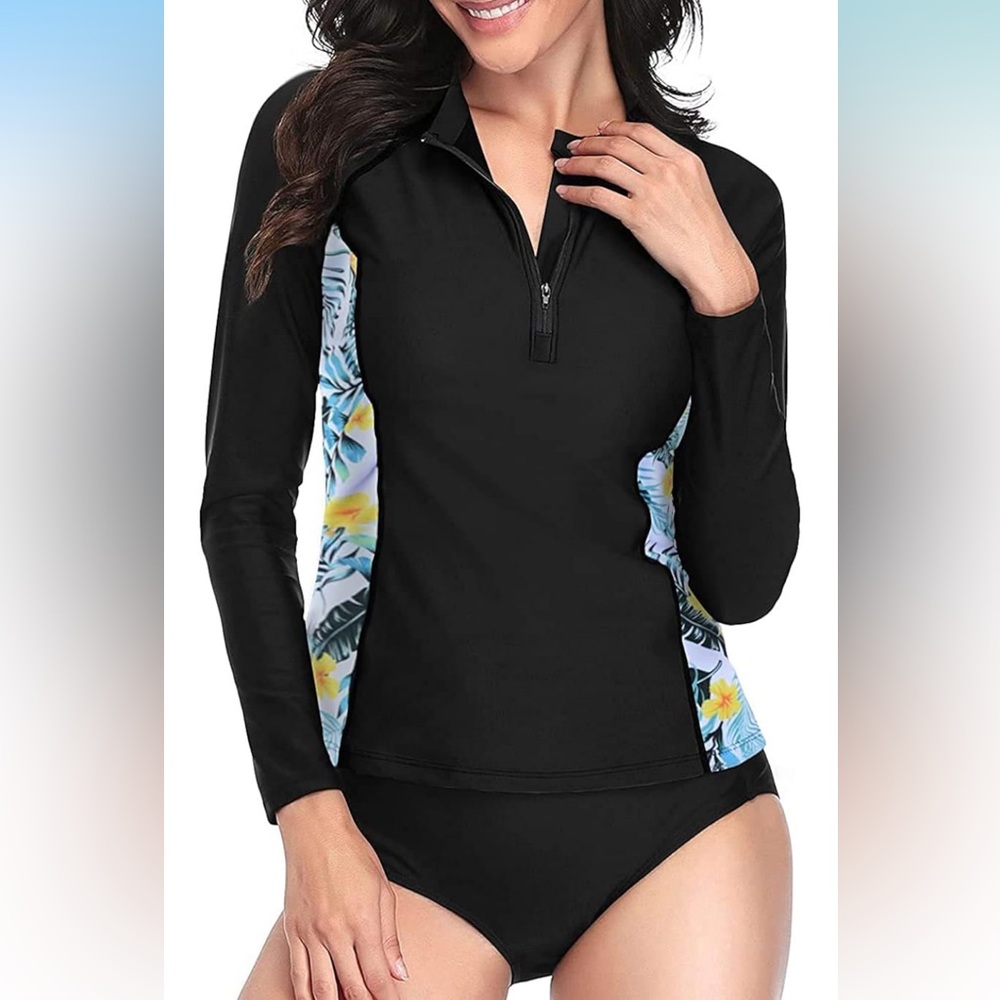 Daci Rash Guard 2 Piece New Long Sleeve Half Zip Bathing Suit Black Floral  med